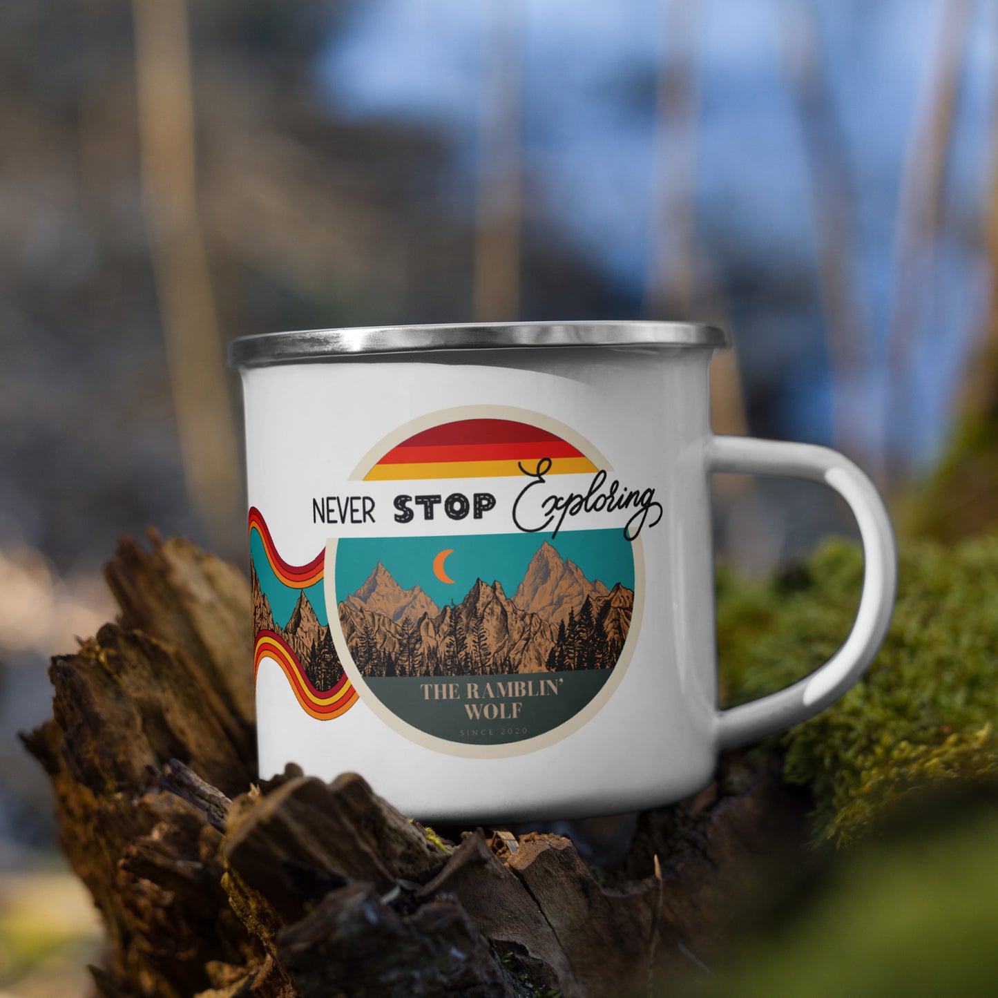 Never Stop Exploring Enamel Mug